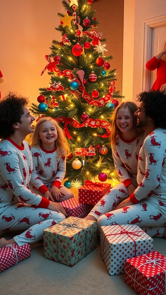 A family in matching pajamas around a Christmas tree with lights and gifts, celebrating the holiday season.
